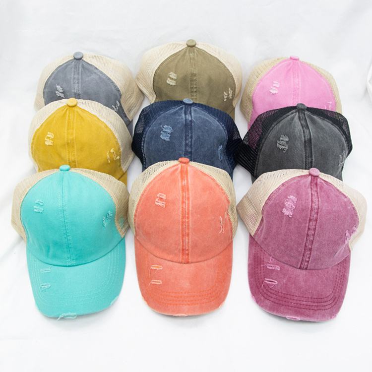 Wholesale Cross Ponytail Baseball Cap Women′s Spring Summer Sunscreen Washed Hole Mesh Hat