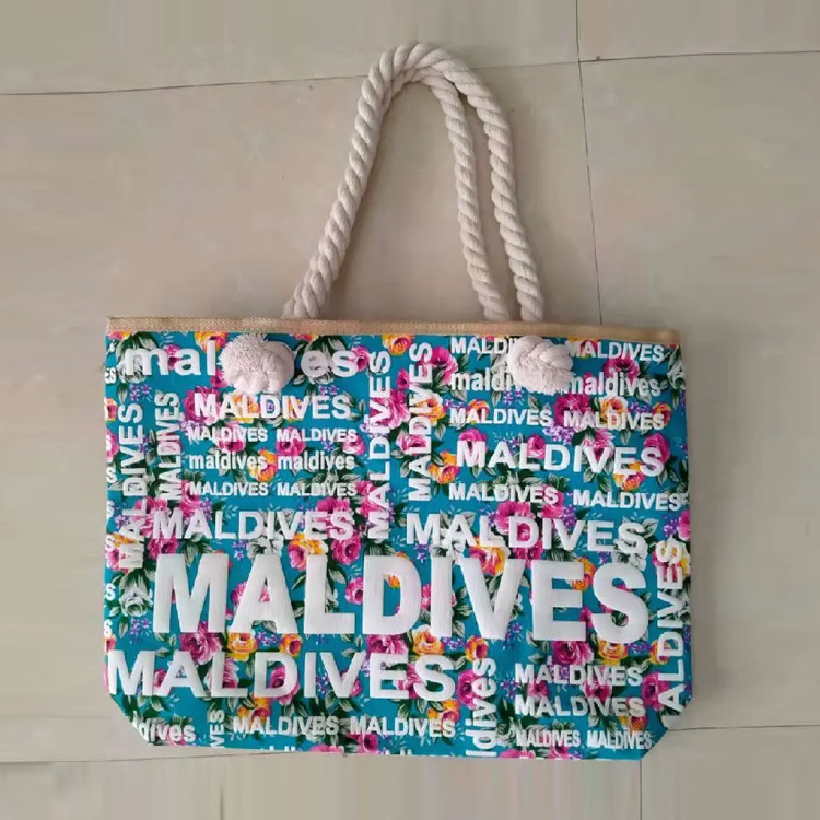 Factory Wholesale Maldives Tourist Souvenir Foam Beach Bag Women Canvas Tote Bags with Custom Printed Logo