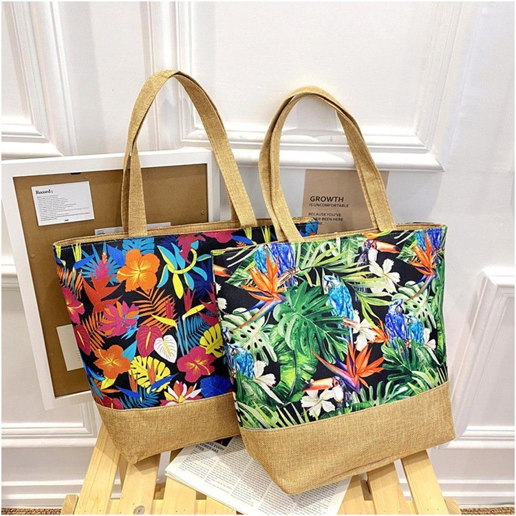 Wholesale Custom Cotton Linen Tropical Plants Print Summer Beach Hand Bag