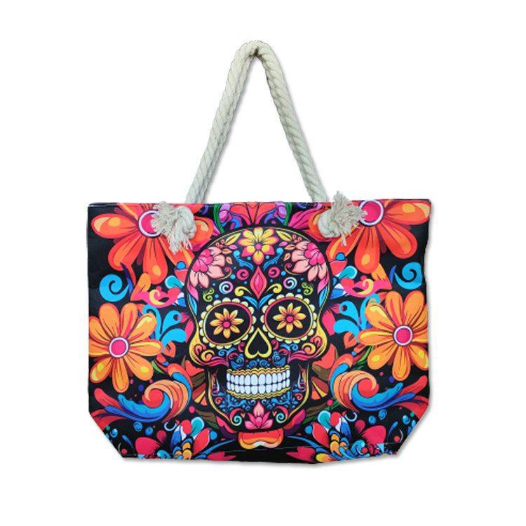 Custom Canvas Printing Women Mexico Souvenir Halloween Skull Beach Tote Bag