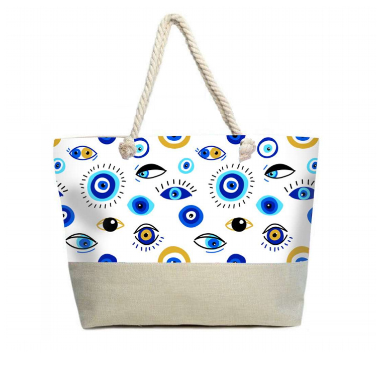 Custom Logo Printing Women Evil Eye Hand Bag Canvas Tote Bag Souvenir Santorini Greece Beach Bags