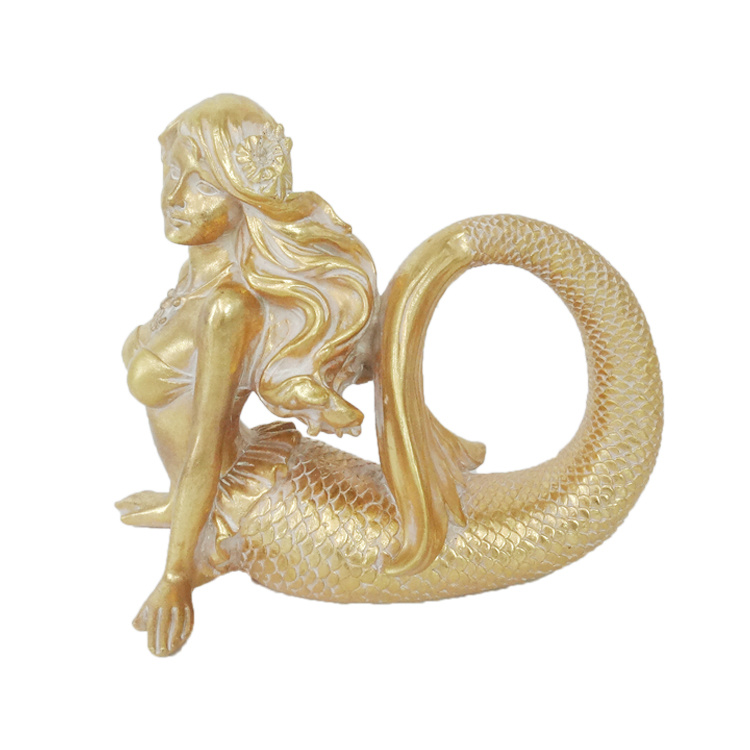 Quanzhou Factory Handmade Gold Resin Mermaid Statue for Home Decoration