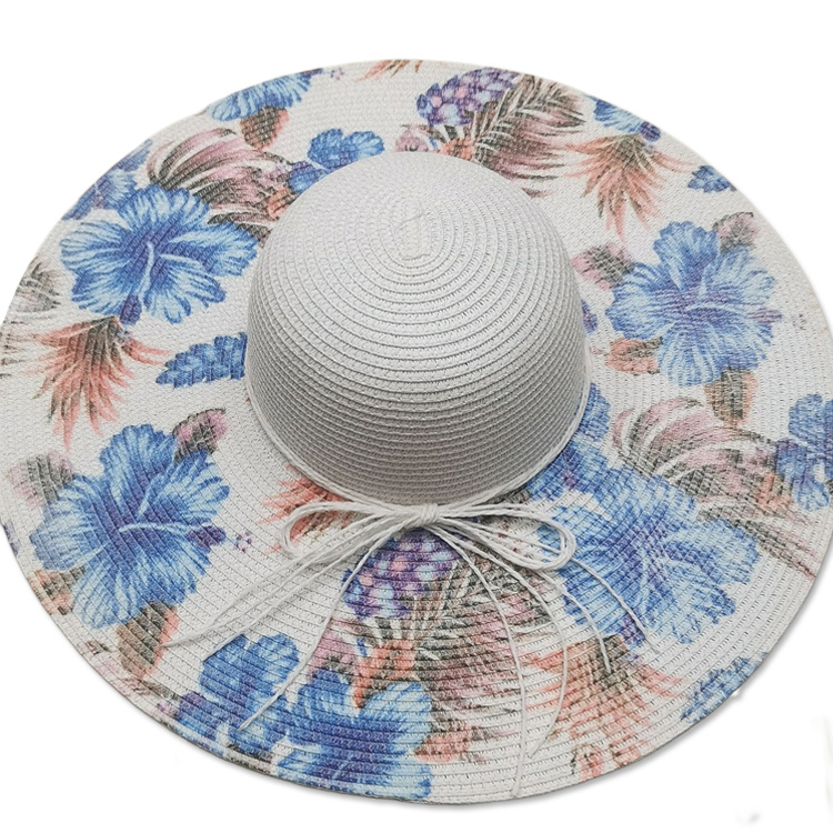 Wholesale Custom Printed Logo Summer Beach Tropical Flower Floral Foldable Floppy Woman Straw Hat