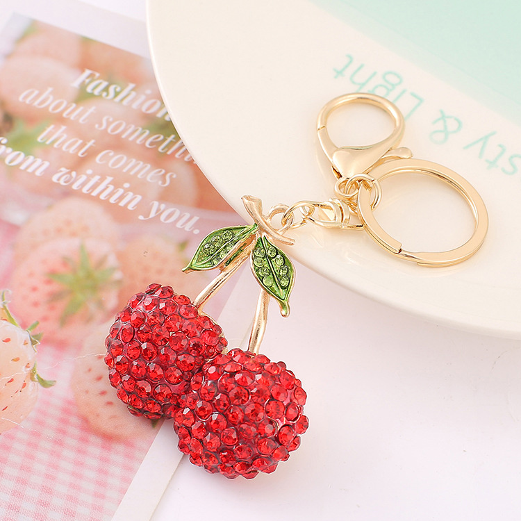 Wholesale Metal Woman Bag Pendant Diamond Rhinestone Crystal Fruit Cherry Key Chain Cherry Keychain