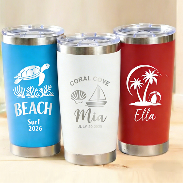 Custom Logo Stainless Steel Insulated Cup Summer Beach Tumbler Laser Engraving 12oz Personalized Tumbler with Lids