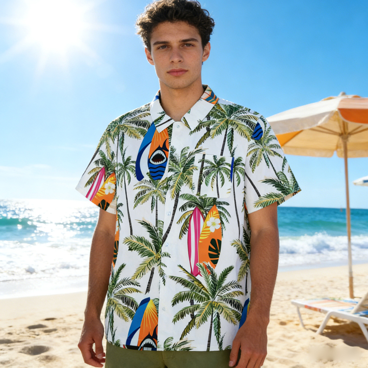 Wholesale Customized Logo Quick Dry Fashion Tropical Vibes Beach Vacation Men's Summer Short Palm Tree Shirt 