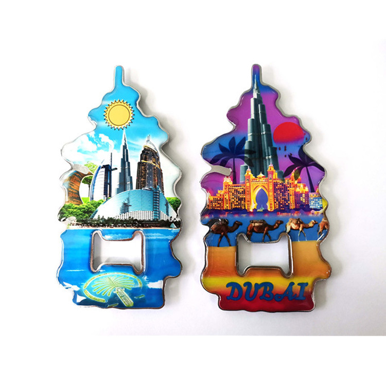 Custom Shape Metal Epoxy Tourist Souvenir UAE Dubai Fridge Magnet with Bottle Opener