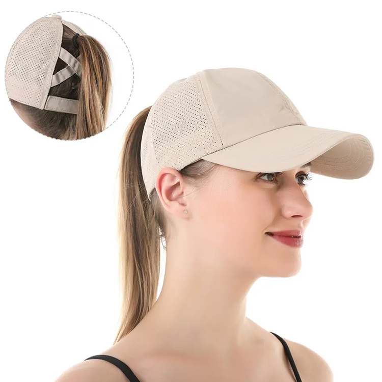 Wholesale Denim Washed Ripped Women Cross Ponytail Hat Baseball Cap