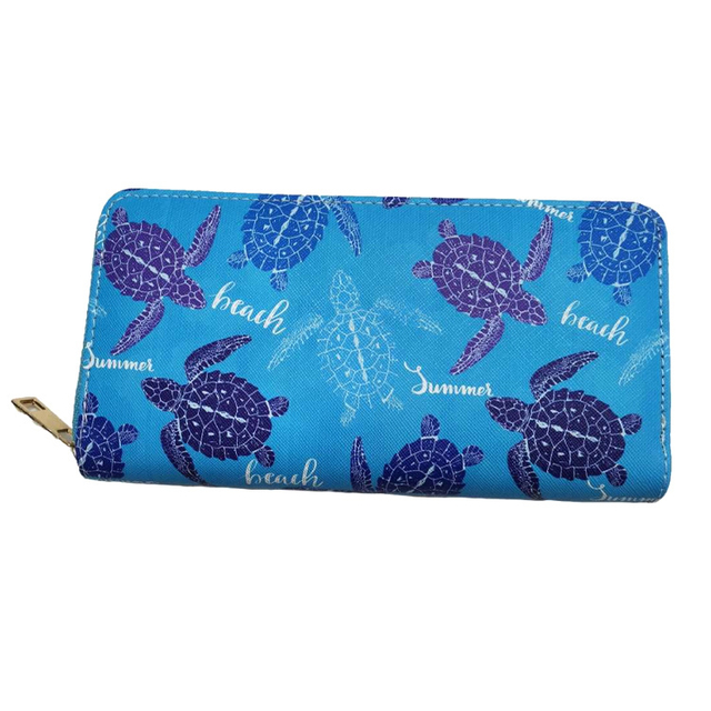 Wholesale Custom Print PU Leather Long Wallet Beach Turtle Flower Hawaiian Purse