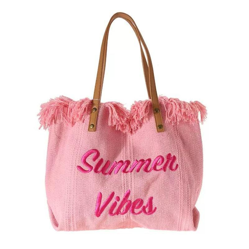 Wholesale Women Canvas Casual Beach Summer Vibes Tassel Tote Bag