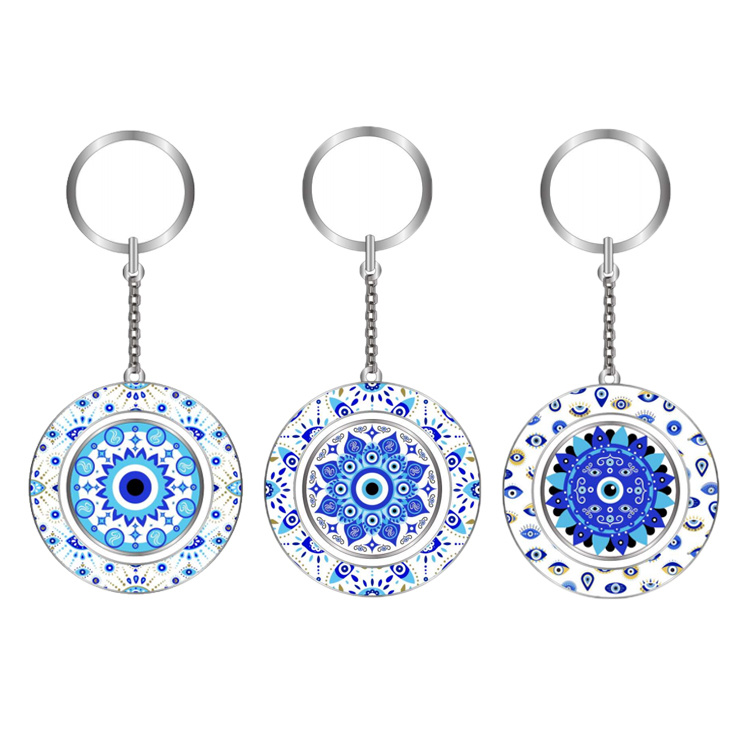 Custom Logo Epoxy Metal Evil Eye Key Chain Europe Turkey Souvenir Spinning Evil Eye Keychain