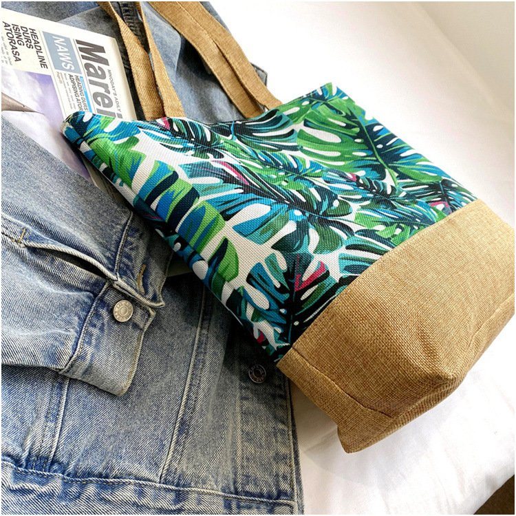 Wholesale Custom Cotton Linen Tropical Plants Print Summer Beach Hand Bag