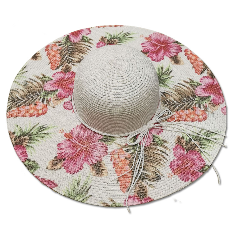 Custom Pattern Print Fashion Panama Tropical Island Straw Hat Lady Summer Beach Sun Floppy Wide Brim Straw Hats