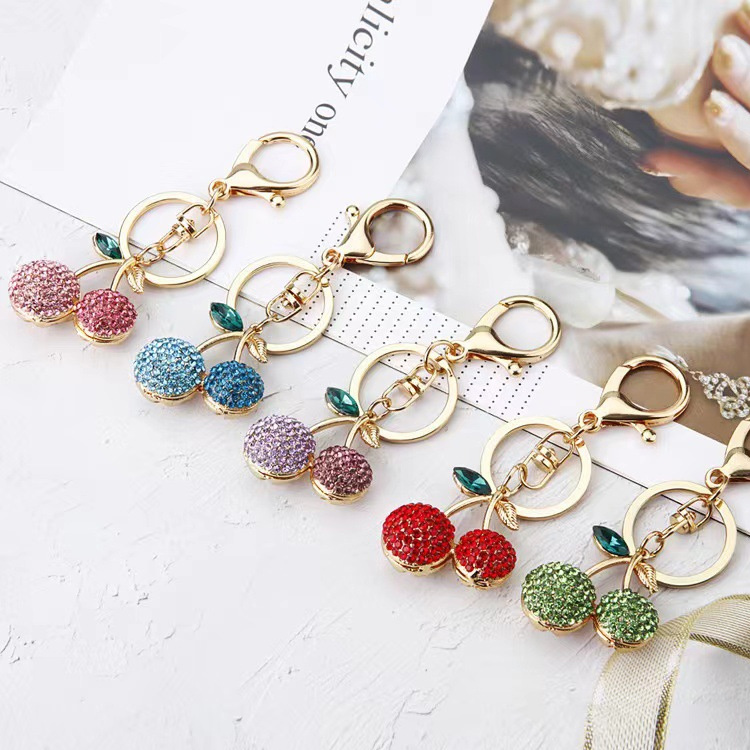 Wholesale Metal Woman Bag Pendant Diamond Rhinestone Crystal Fruit Cherry Key Chain Cherry Keychain