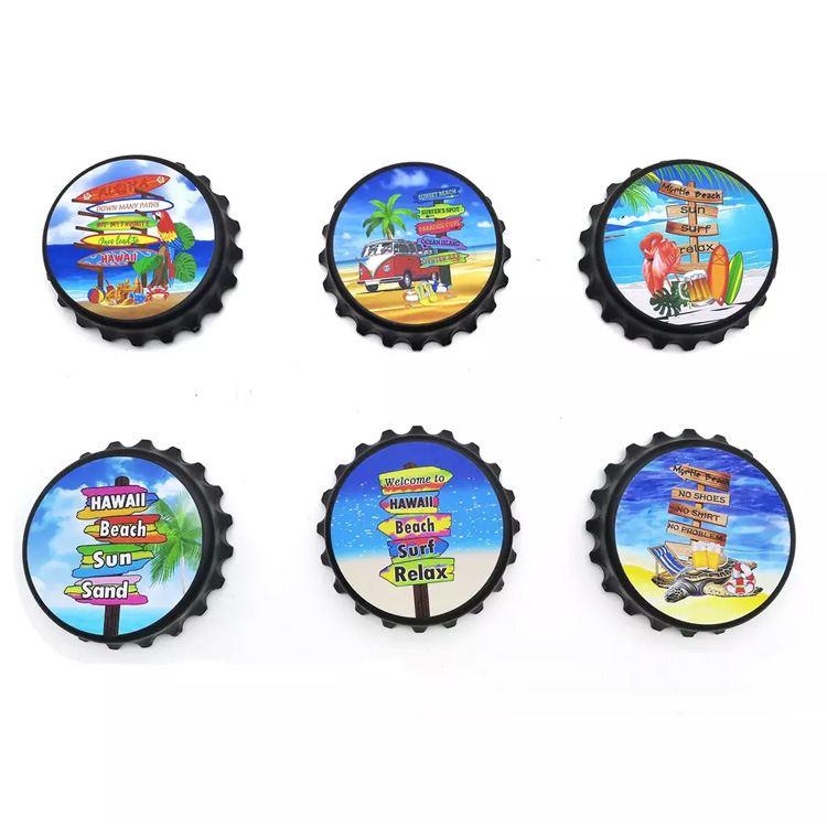 Customized Beach Souvenir Design Bottle Cap Shape Round Fridge Magnet Bottle Opener