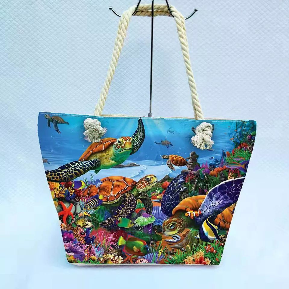 Factory Wholesale Canvas Travel Beach Vacation Hand Bag Sea Life Turtle Tropical Beach Bag