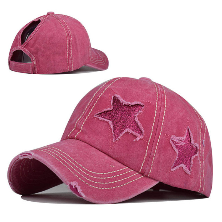 Wholesale Custom Cotton Washed Ponytail Baseball Hats Sequin Star Baseball Cap