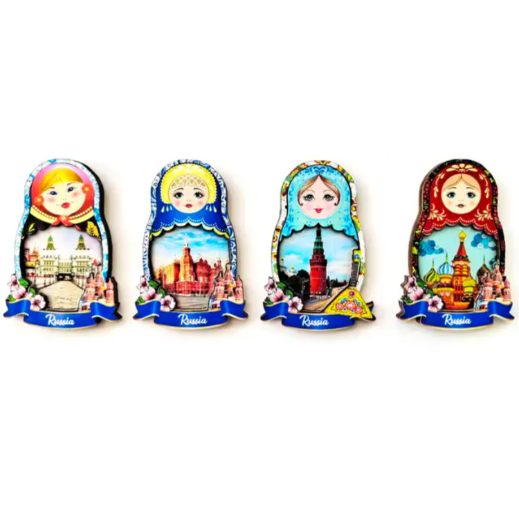 Custom Logo Doll Russia Building Wooden Magnet Russian Souvenir Fridge Magnet