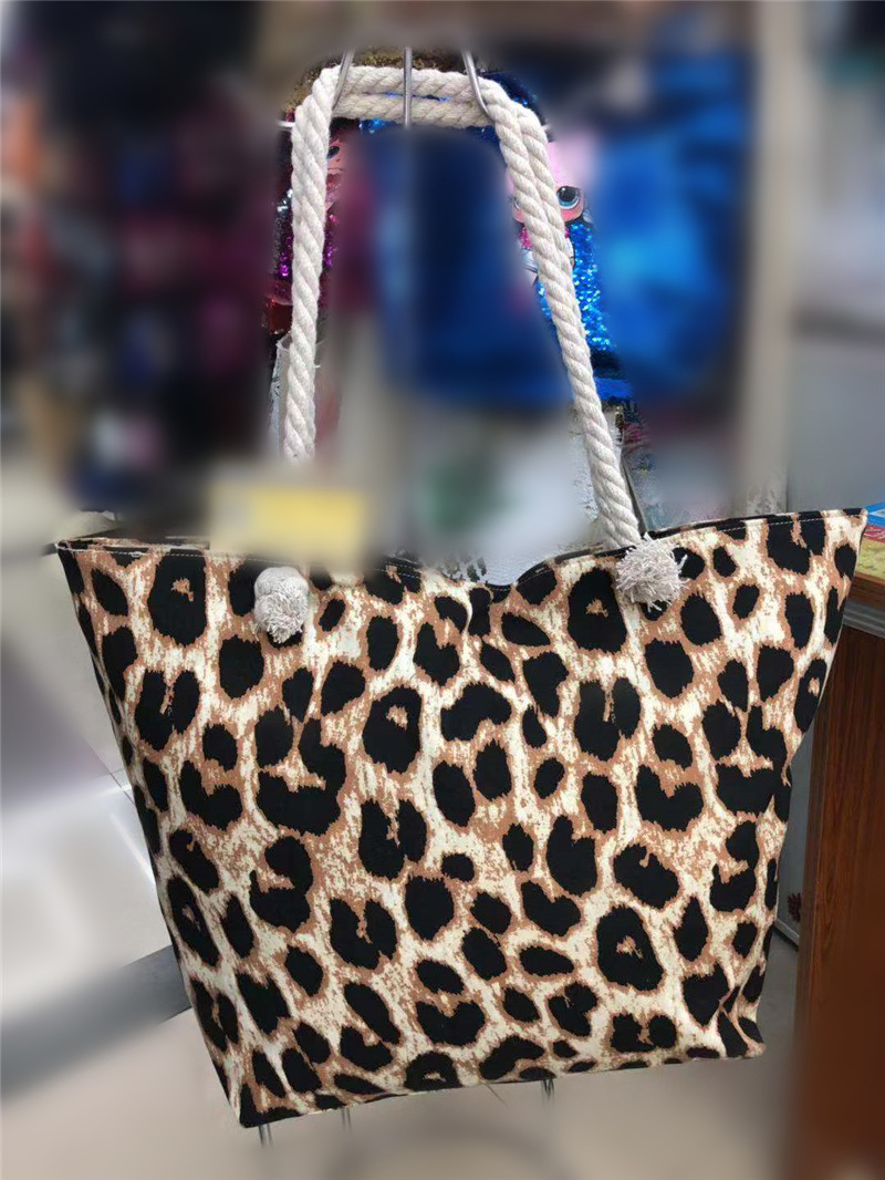 Wholesale Custom Women Canvas Beach Bag Rope Handbag Leopard Print Tote Bag