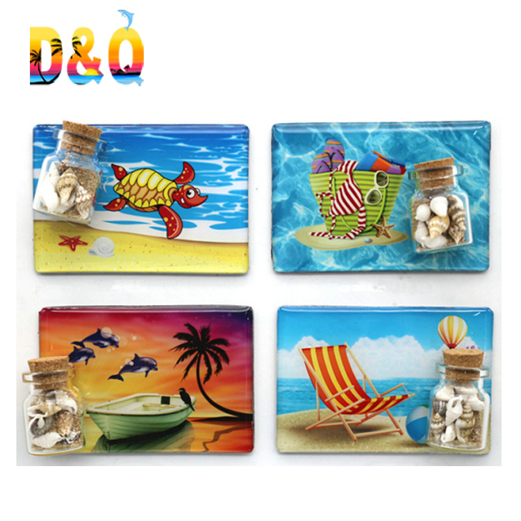 Custom Printing Beach Tourist Souvenir Epoxy Drift Bottle Fridge Magnet with Shell