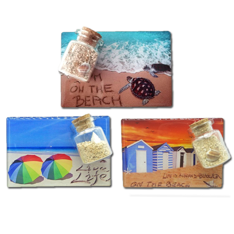 Custom Printing Beach Tourist Souvenir Epoxy Drift Bottle Fridge Magnet with Shell