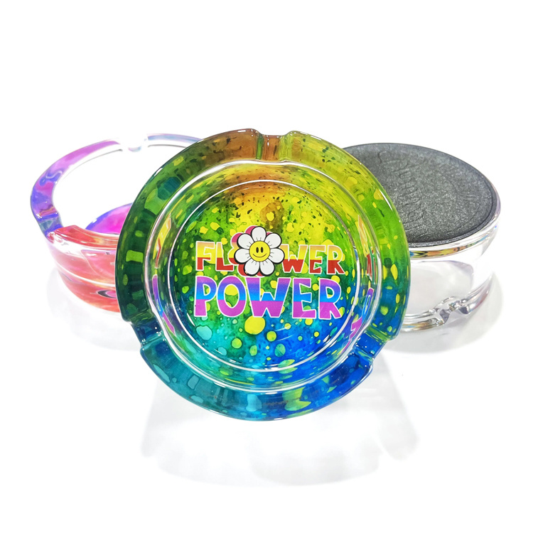 Wholesale New Custom Printed Logo Glass Round Ashtray Flower Ashtray