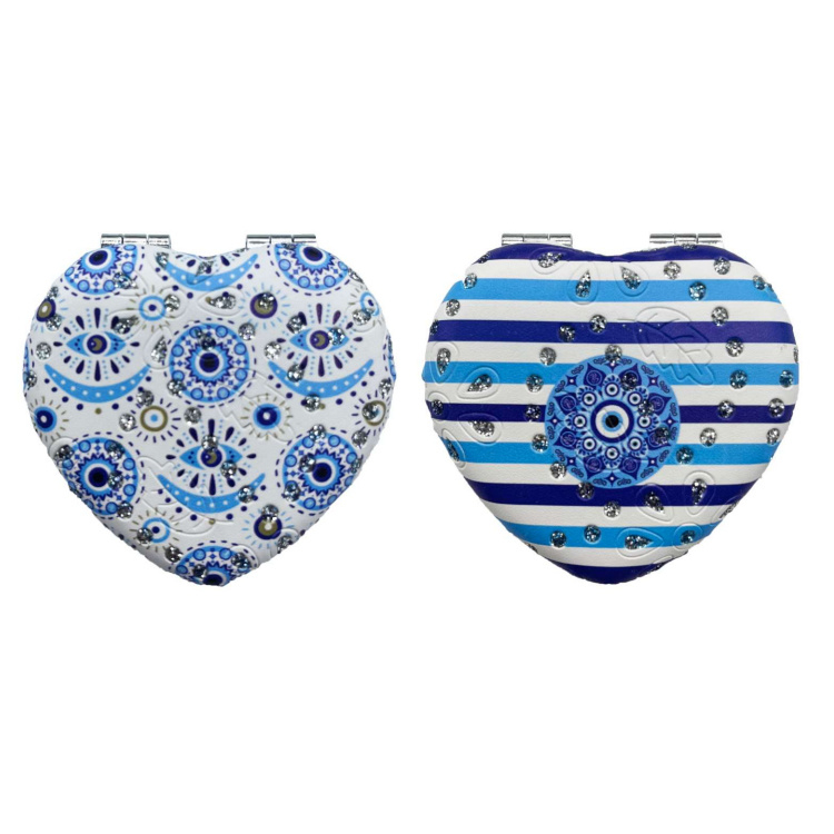 Custom Printing Tourist Souvenir PU Unique Makeup Mirror Heart Shape Evil Eye Pocket Rhinestones Mirror