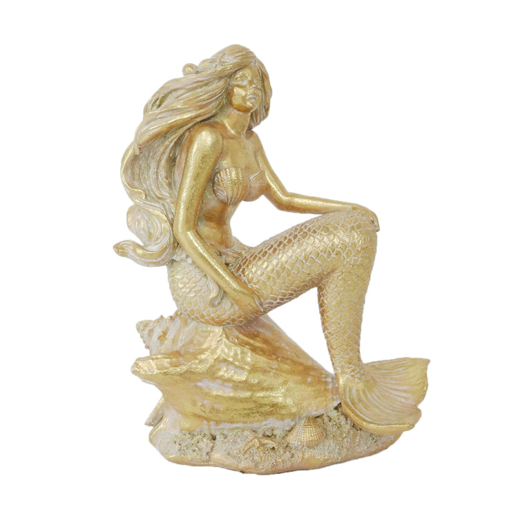 Quanzhou Factory Handmade Gold Resin Mermaid Statue for Home Decoration