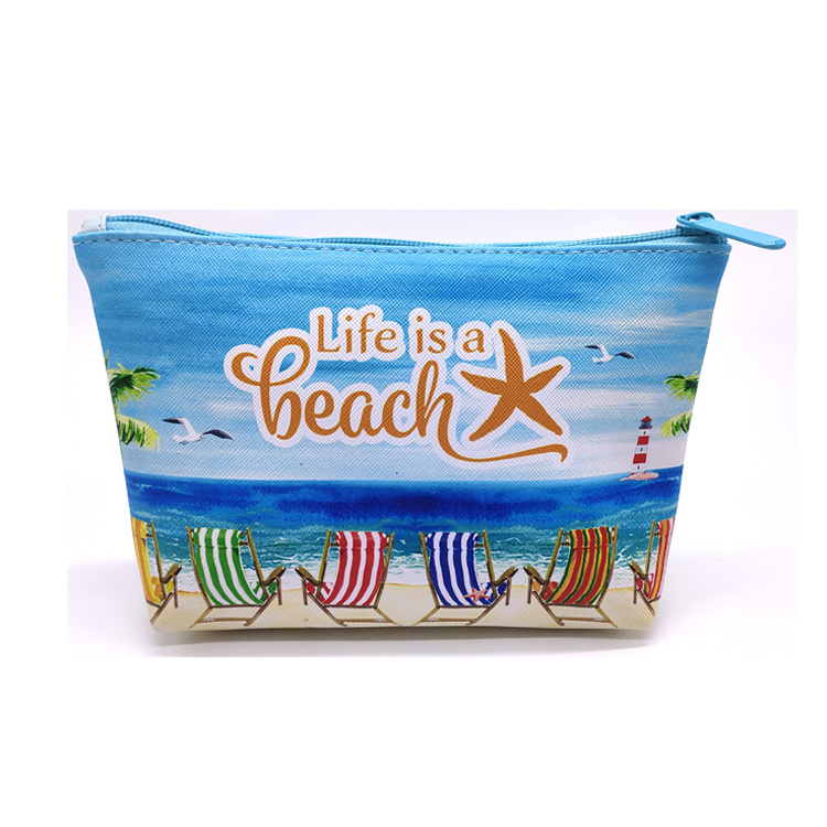 Custom Printing PU Leather Tourist Souvenir Seasidetravel Women Waterproof Beach Cosmetic Makeup Bag