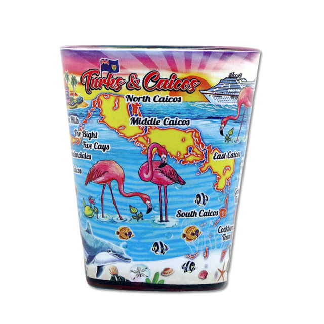 Factory Custom Logo 1.5 Ounce Caribbean Map Design Shot Glass Souvenir Turks an Caicos Shot Glasses