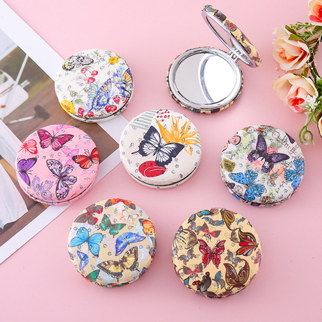 Customized Printed Design Souvenir Gift Leather Mini Makeup Mirror Butterfly Double-sided Foldable Rhinestone Compact Mirror
