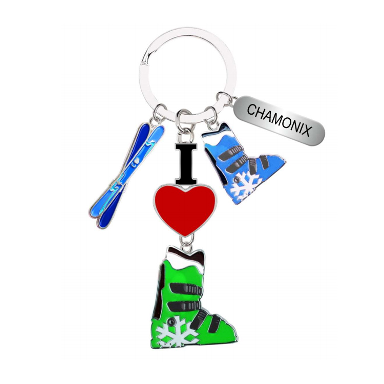 Custom Logo Metal Winter Ski Keyring Snow Mountain Souvenir Ski Theme Ski Keychain