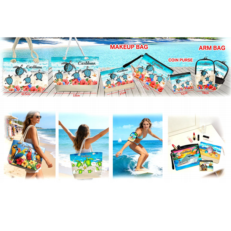 Custom Design Printing Caribbean Beach Turtle Tourist Souvenir Neoprene Travel Bag Makeup Bag Neoprene Cosmetic Bag