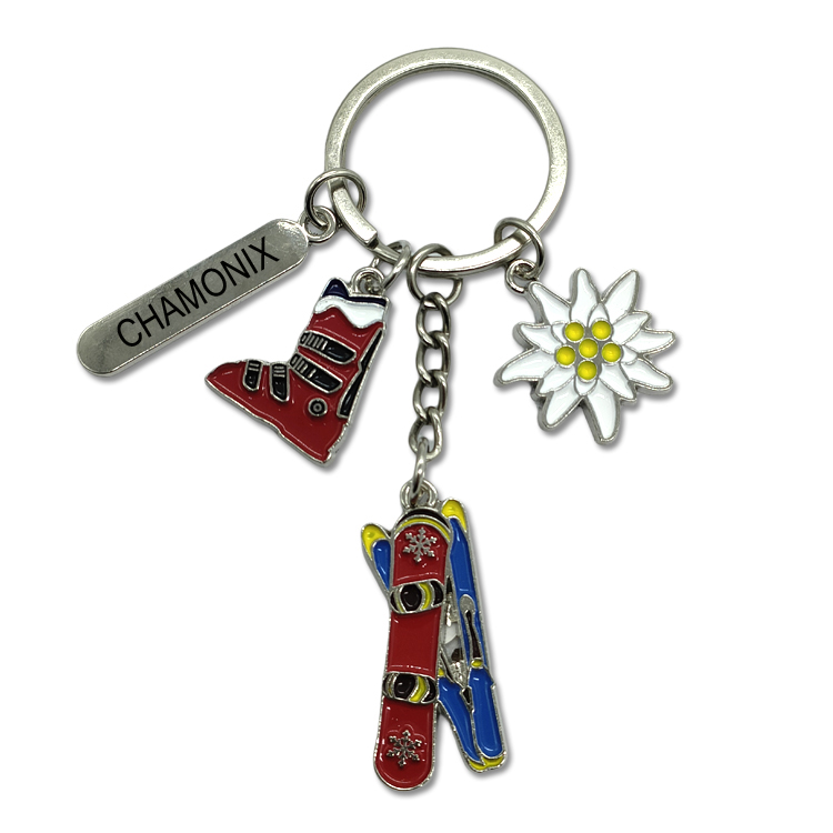 Custom Logo Metal Winter Ski Keyring Snow Mountain Souvenir Ski Theme Ski Keychain