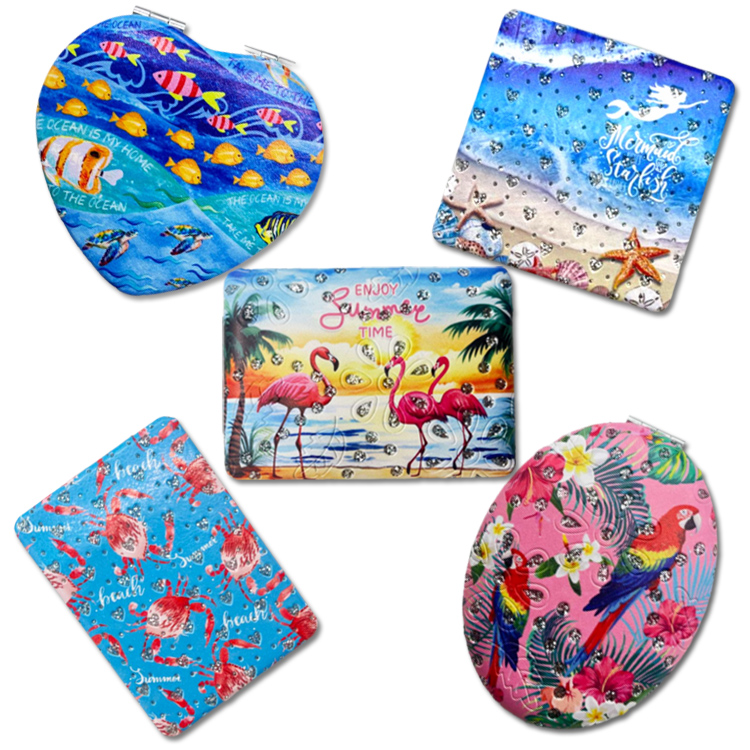 Custom Logo Women Travel Gift PU Leather Pocket Mirror Souvenir Mirror with Diamond
