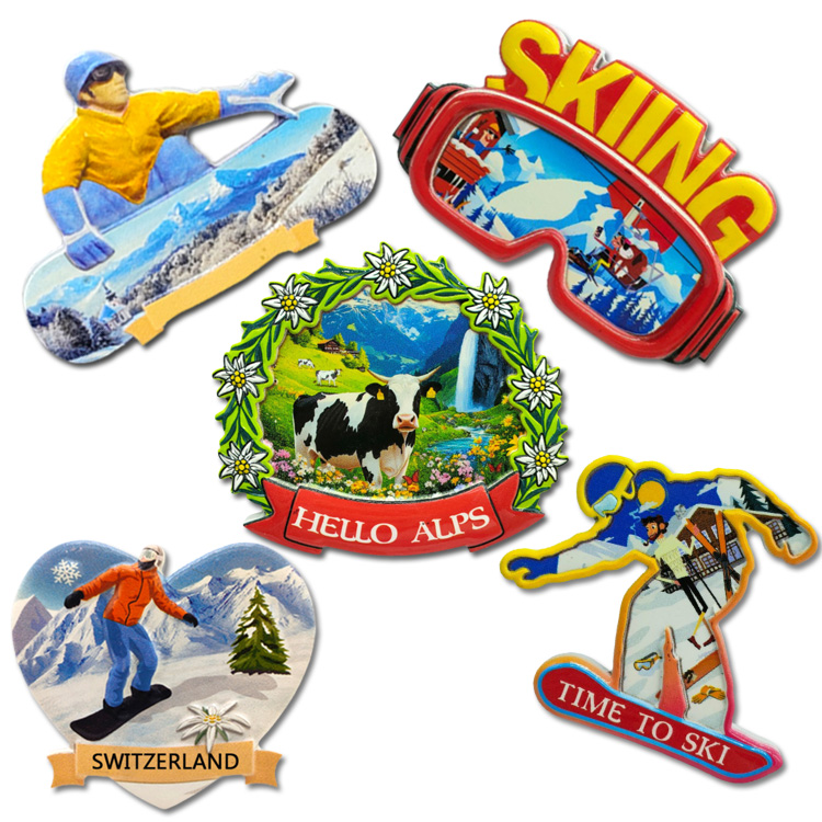Custom Logo Resin Snow Mountain Skiing Theme Gift Cortina Grindelwald Interlaken Chamonix Zermatt Souvenir Fridge Magnet