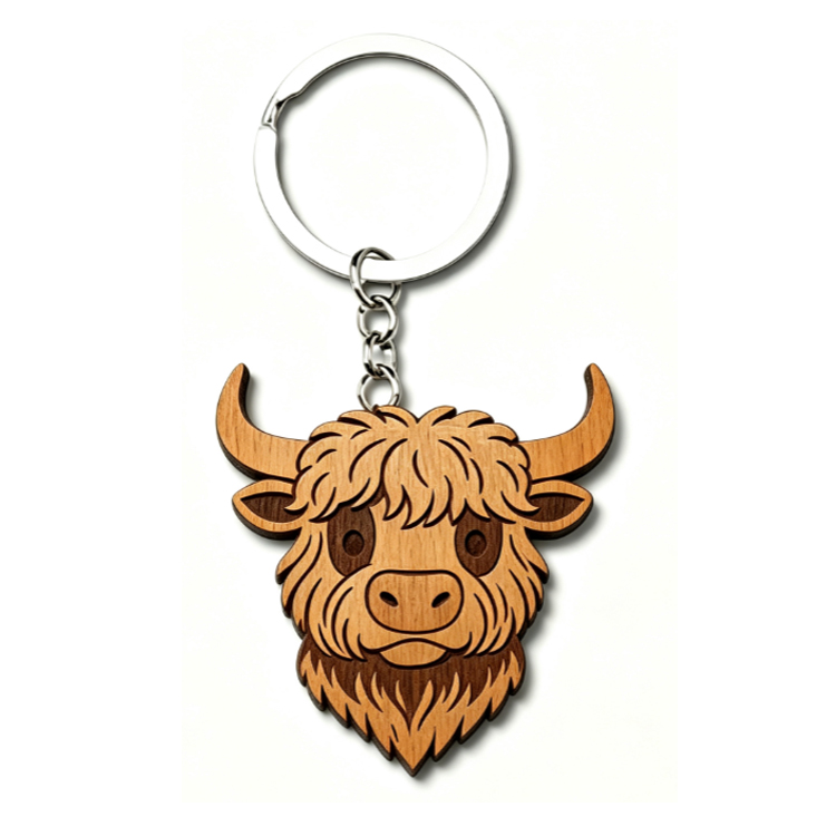 Factory Custom logo Design Highland Cow Keyring Mdf Wood Scotland Souvenir Highland Cow Keychain