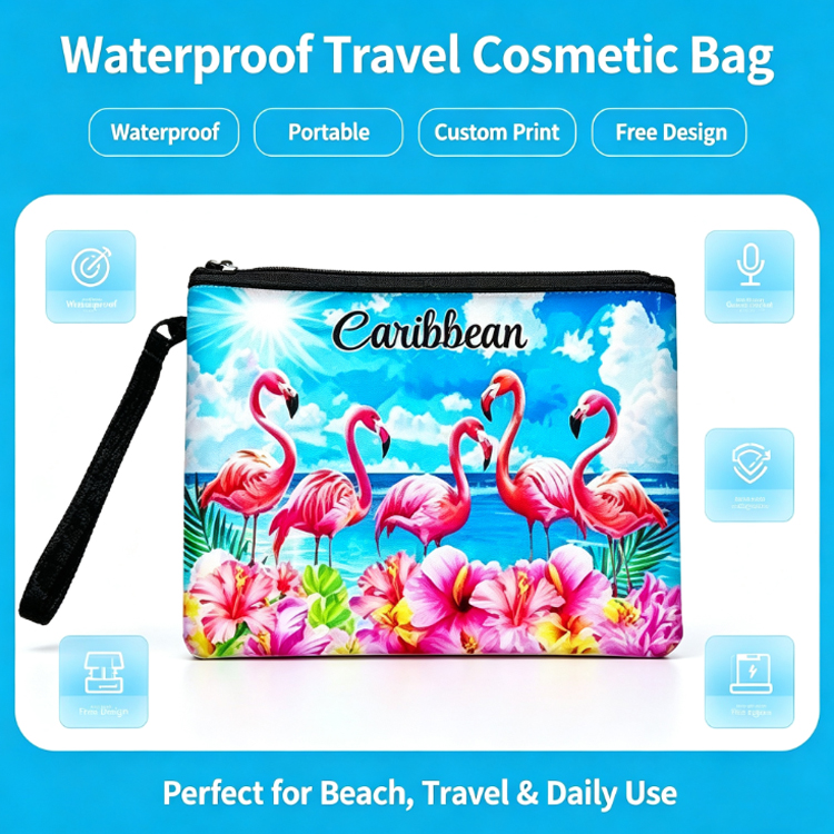 Custom Design Printing Caribbean Beach Turtle Tourist Souvenir Neoprene Travel Bag Makeup Bag Neoprene Cosmetic Bag