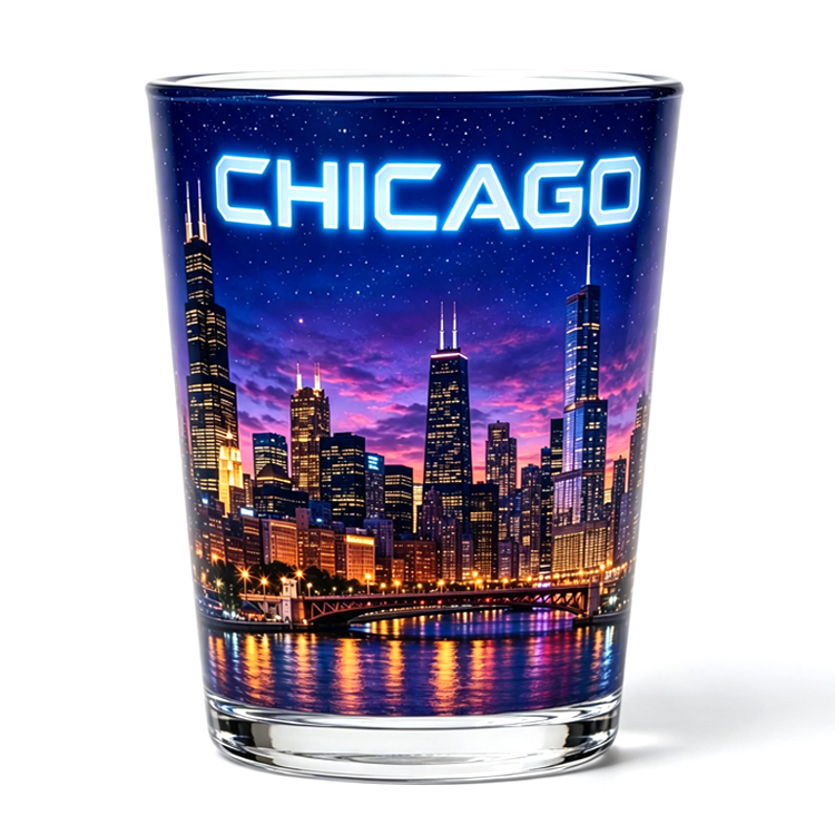Custom Logo 1.5 2 OZ Chicago Illinois USA Flag Skyline Shot Glasses Souvenir Chicago Shot Glass