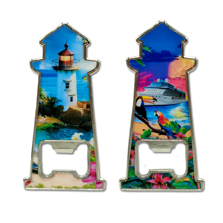 Custom Logo Printed Alloy Metal Nautical Souvenir Lighthouse Fridge Magnet Bottle Opener