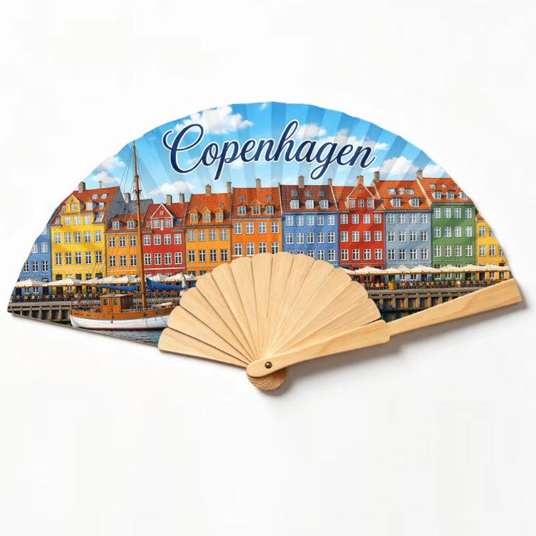 Custom Logo Design Printing Wood Denmark Hand Fan Copenhagen Souvenir Wooden Hand Fan