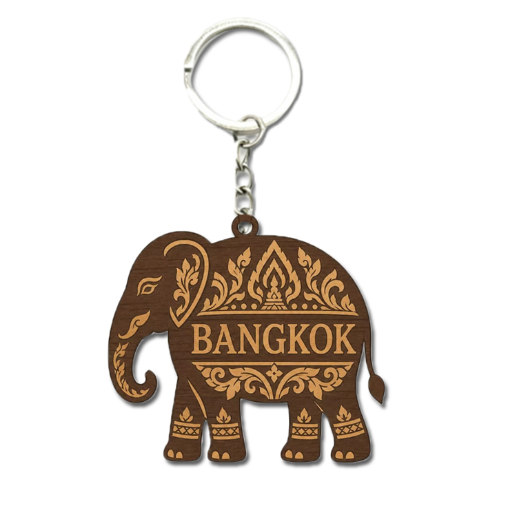 Custom Logo Laser Engraved Elephant Thailand Keychain Bangkok Souvenir Wood Keychain
