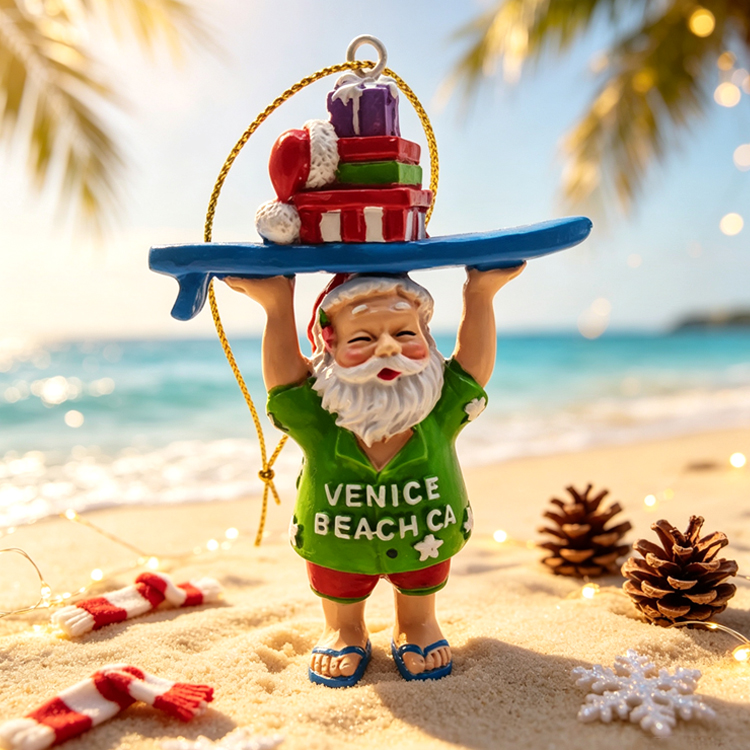 Custom Logo Hand Painted Resin Santa Claus Christmas Tree Hanging Venice Beach Souvenir Christmas Ornament