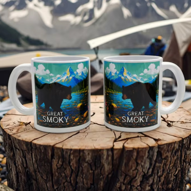 Custom Logo Reactive Glaze Ceramic Mug Black Bear Yellowstone Great Smoky Mountains Alaska Souvenir Mug 