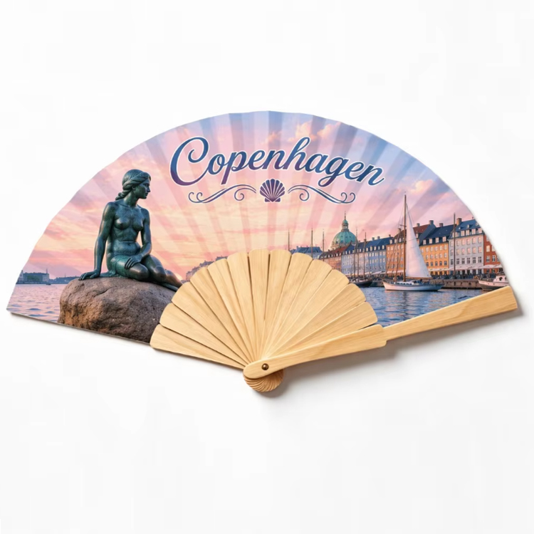 Custom Logo Design Printing Wood Denmark Hand Fan Copenhagen Souvenir Wooden Hand Fan