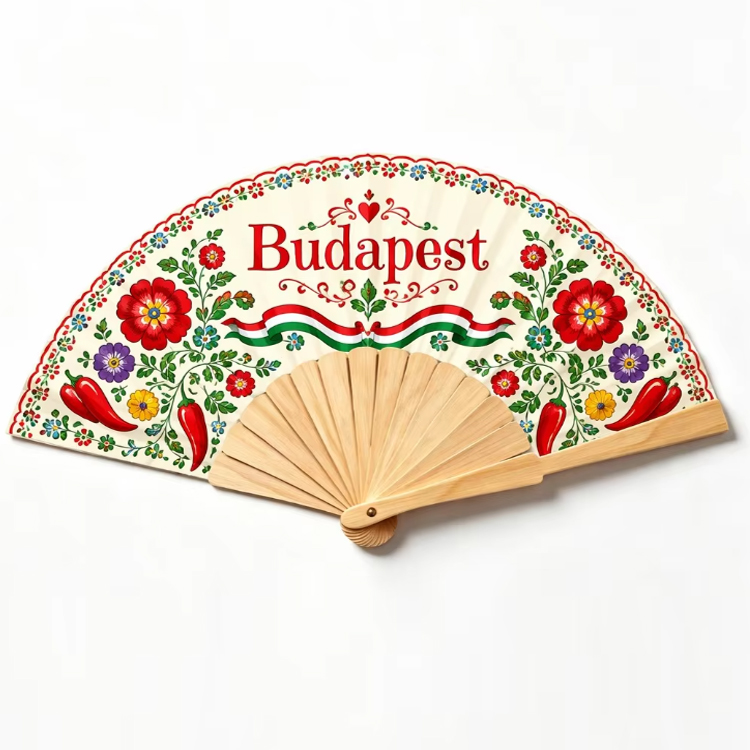 Custom Logo Design Printing Travel Gift Foldable Wooden Hand Fan Budapest Hungary Souvenir Hand Fan