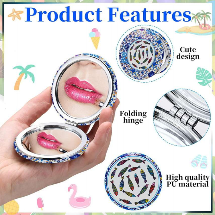 Custom Logo Women Travel Gift PU Leather Pocket Mirror Souvenir Mirror with Diamond