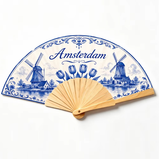 Customomized Printing Personalized Delft Blue Holland Souvenir Bamboo Hand Fan Amsterdam Hand Fan